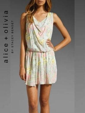 alice + olivia Sally Silk Pastel Floral Sleeveless Drape-Neck Mini Dress